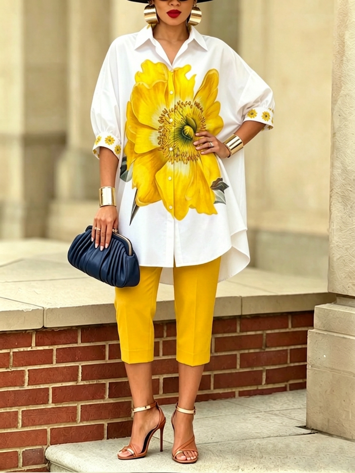 Completo donna bohémien artistico con camicia e pantaloni floreali