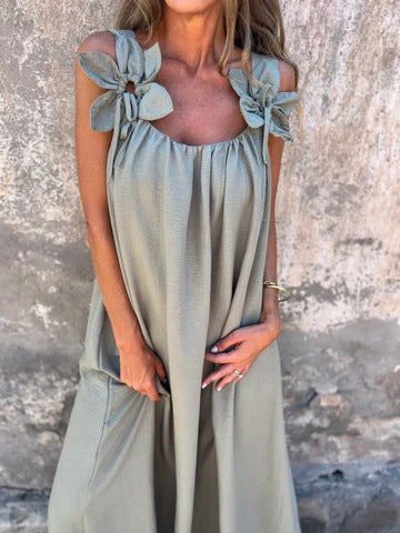 Abito lungo estivo donna elegante e fluido con spalline floreali