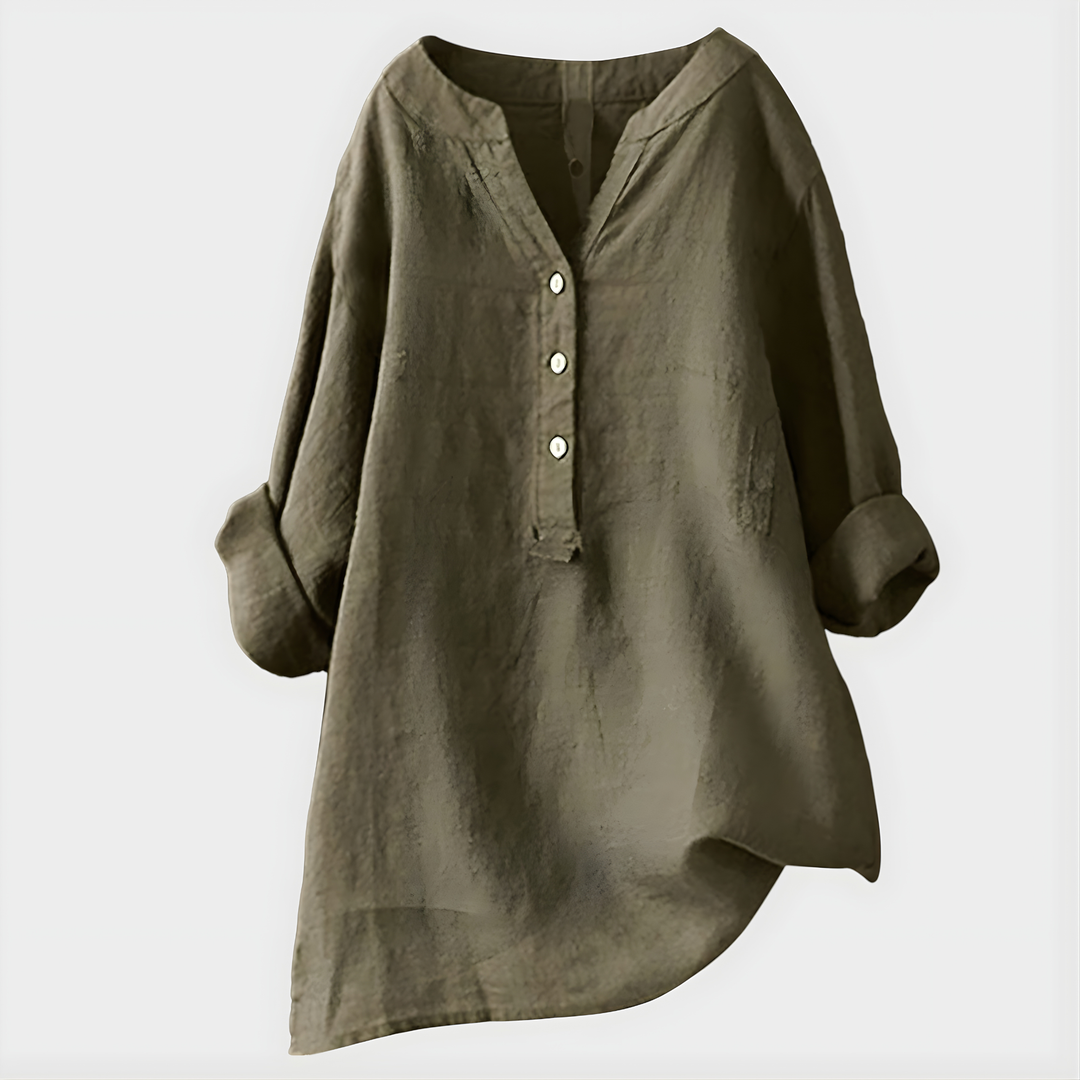 Blusa elegante leggera in cotone e lino con scollo a V per donna