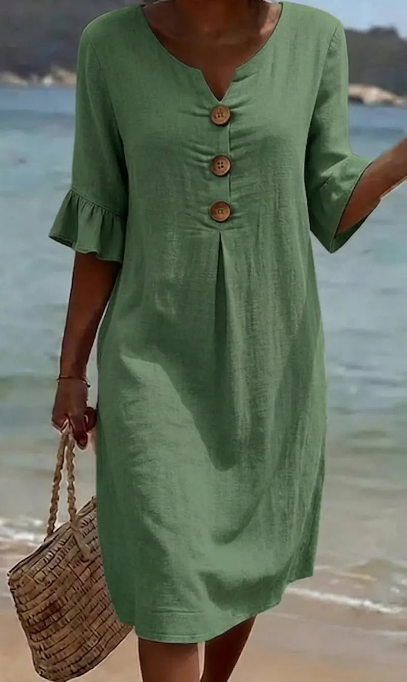 Abito casual in cotone e lino con maniche a sbuffo per donna