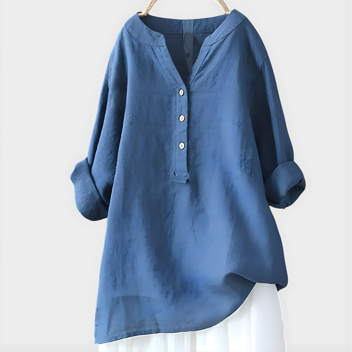 Blusa elegante leggera in cotone e lino con scollo a V per donna