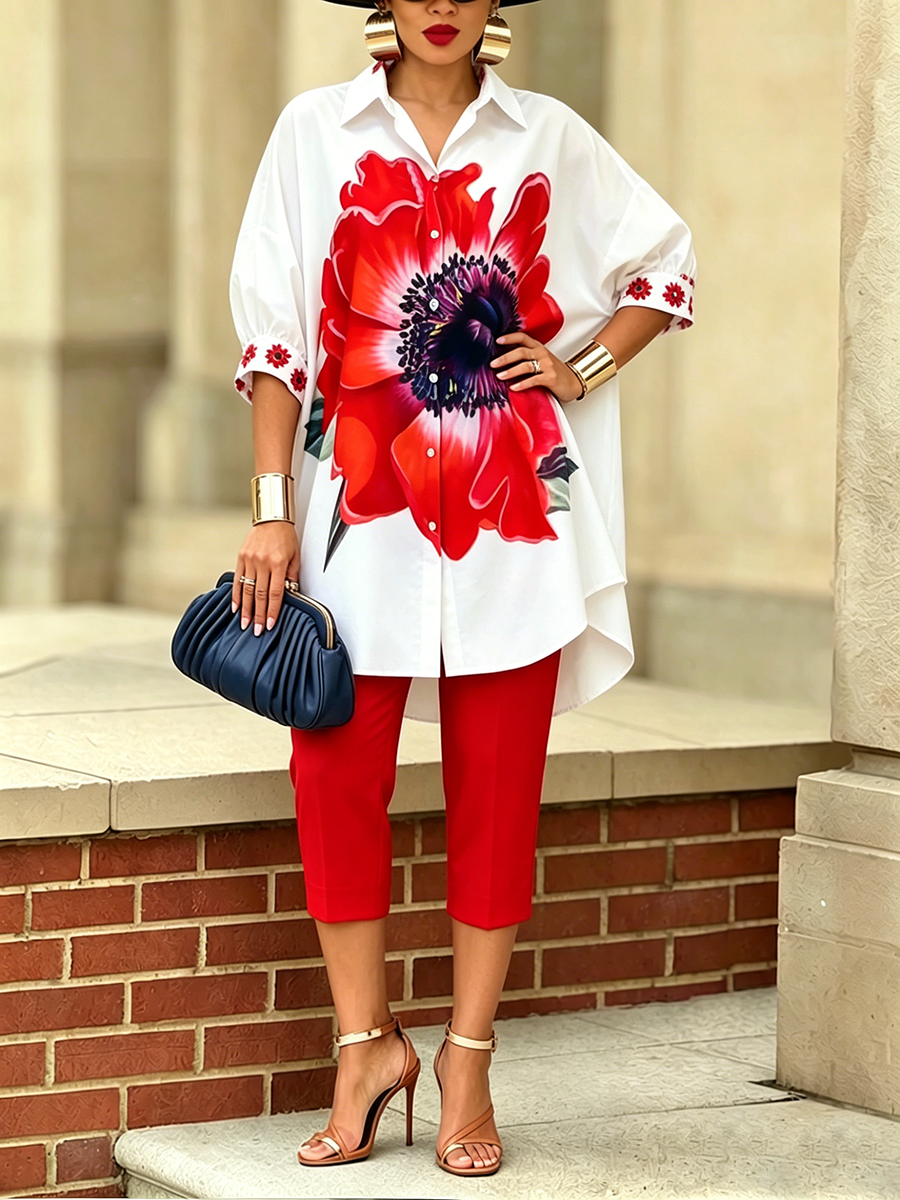 Completo donna bohémien artistico con camicia e pantaloni floreali