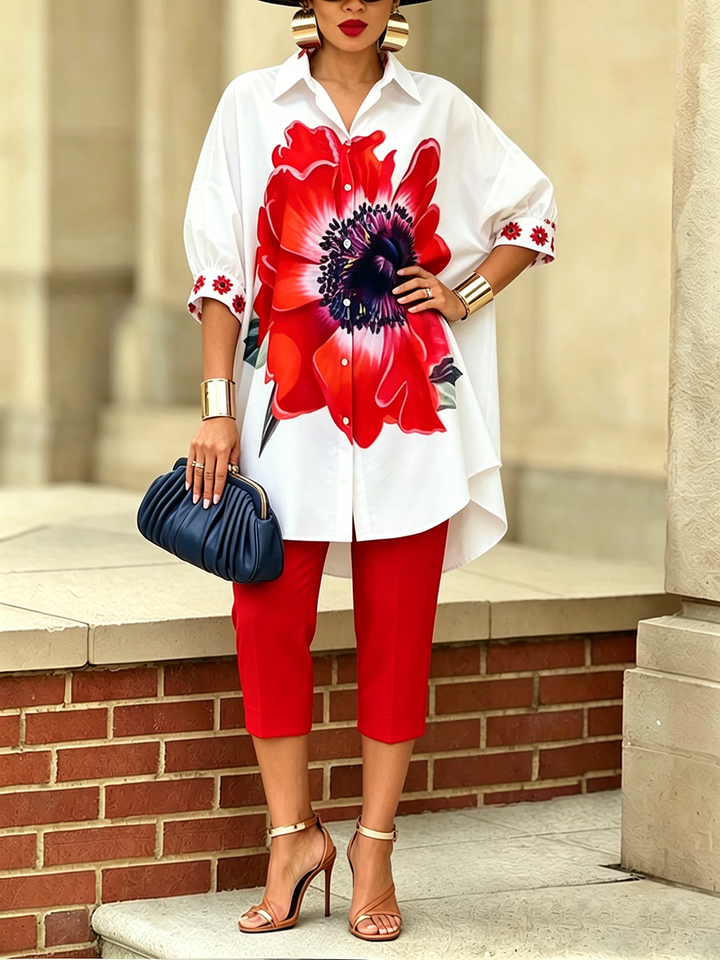 Completo donna bohémien artistico con camicia e pantaloni floreali
