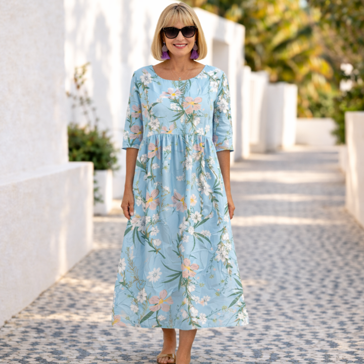 Abito lungo fluido da donna con stampa floreale elegante