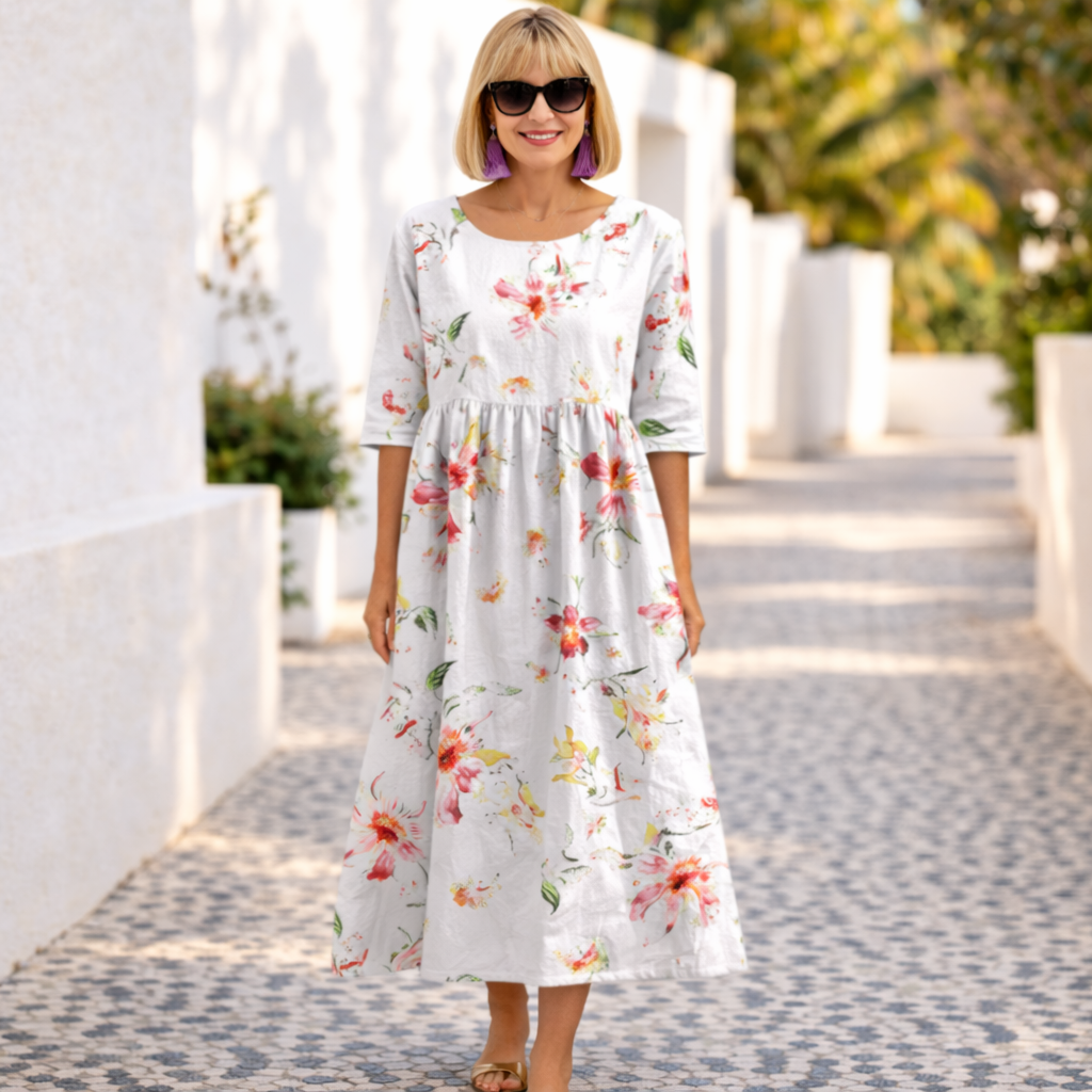 Abito lungo fluido da donna con stampa floreale elegante