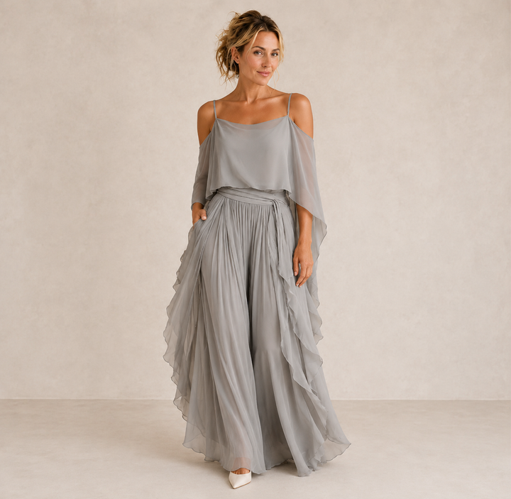 Completo donna elegante in chiffon con spalle scoperte