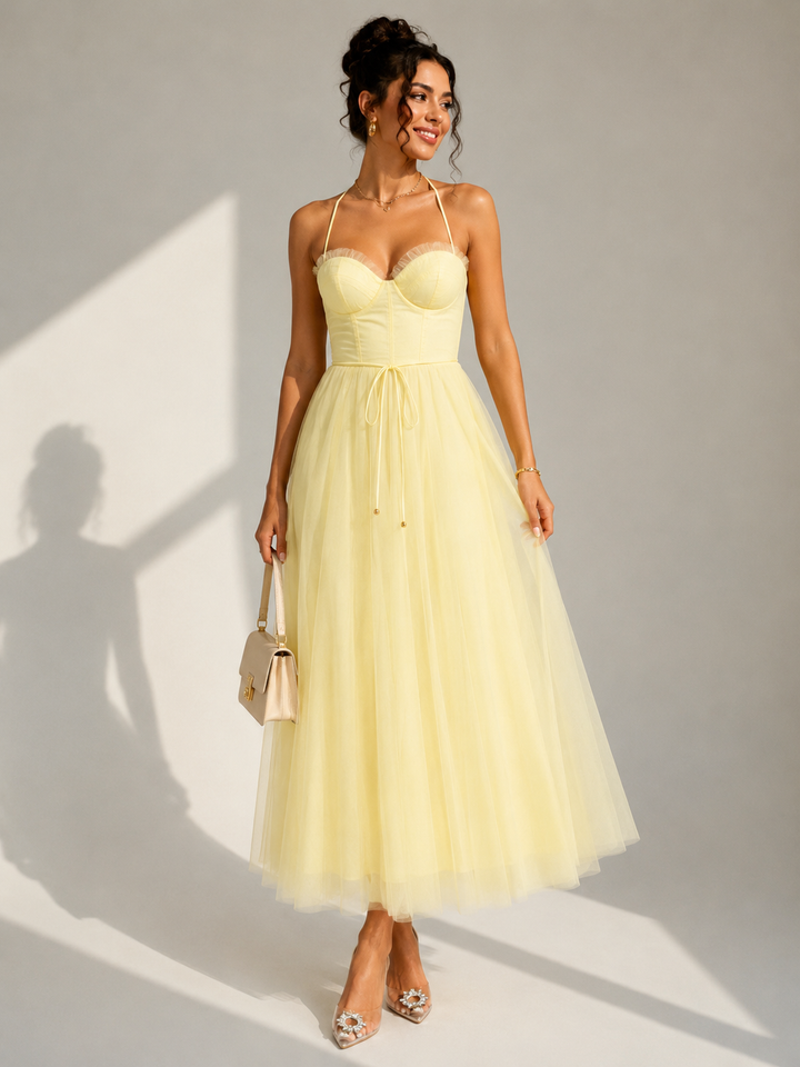 Abito midi elegante in tulle con schiena scoperta