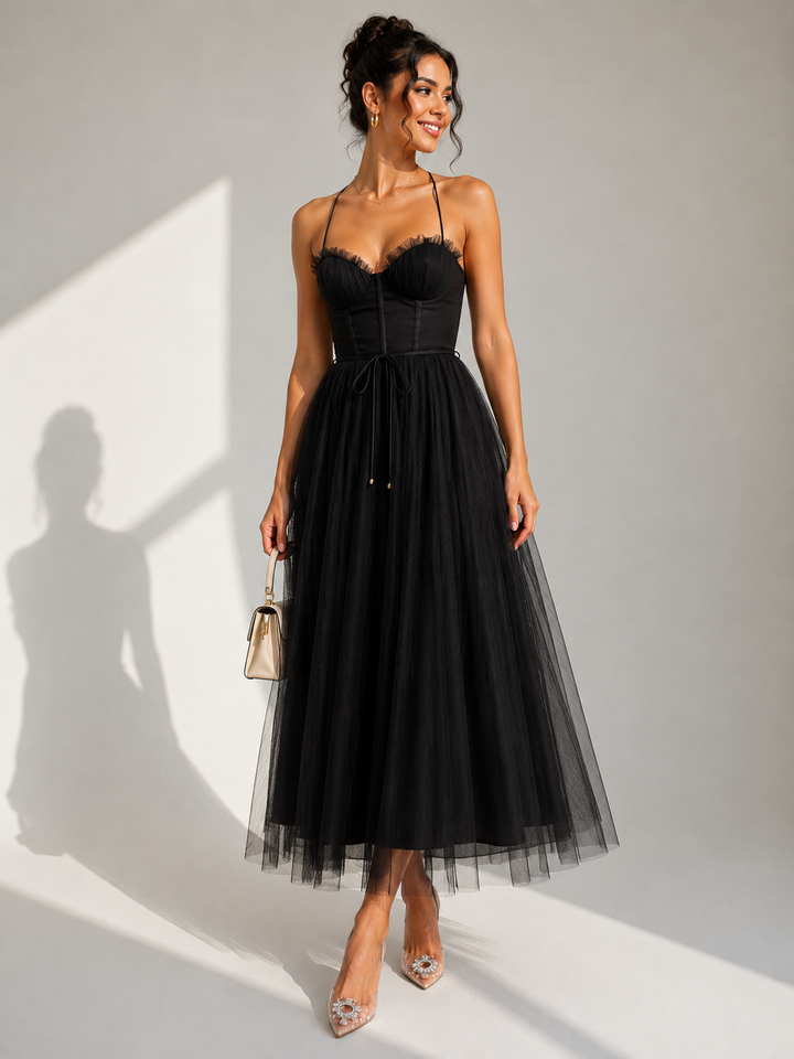 Abito midi elegante in tulle con schiena scoperta