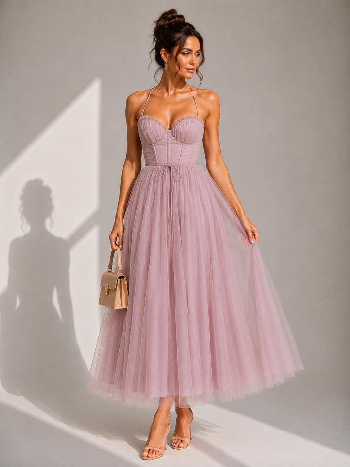 Abito midi elegante in tulle con schiena scoperta