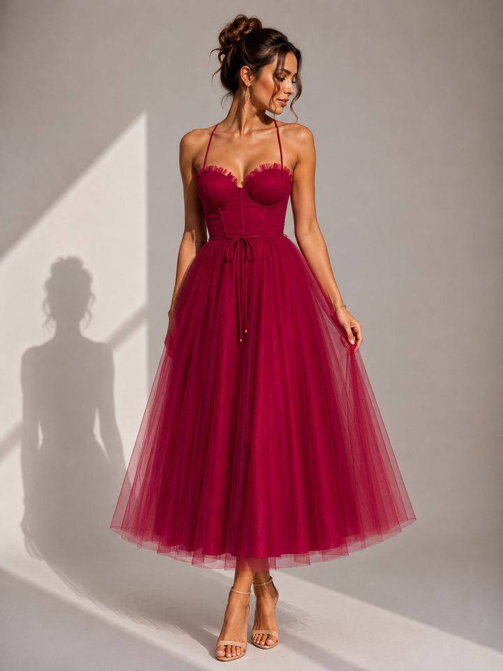 Abito midi elegante in tulle con schiena scoperta
