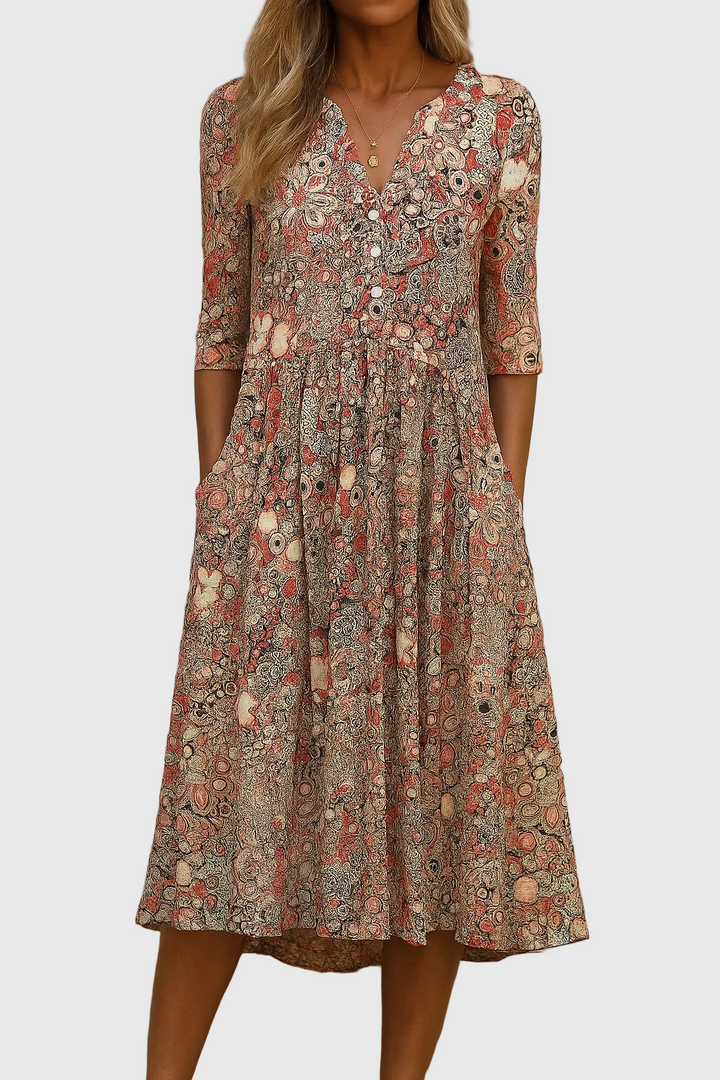 Abito midi fluido elegante da donna con scollo a V