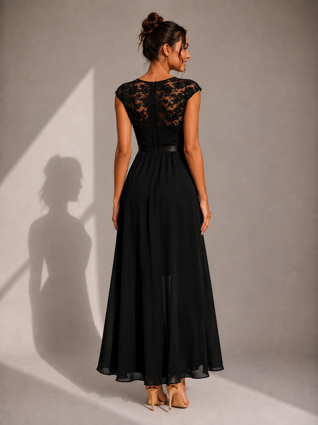 Abito maxi elegante donna in chiffon e pizzo