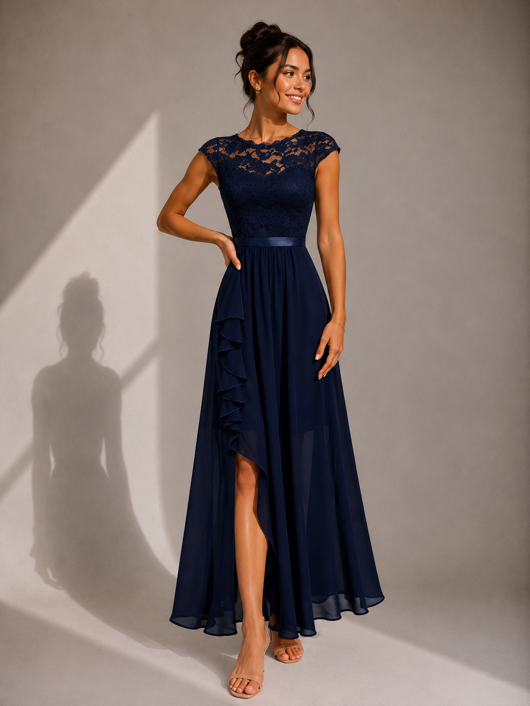 Abito maxi elegante donna in chiffon e pizzo