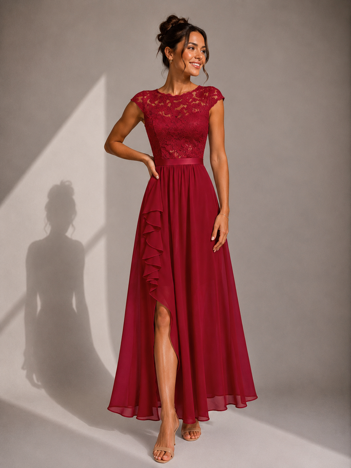 Abito maxi elegante donna in chiffon e pizzo