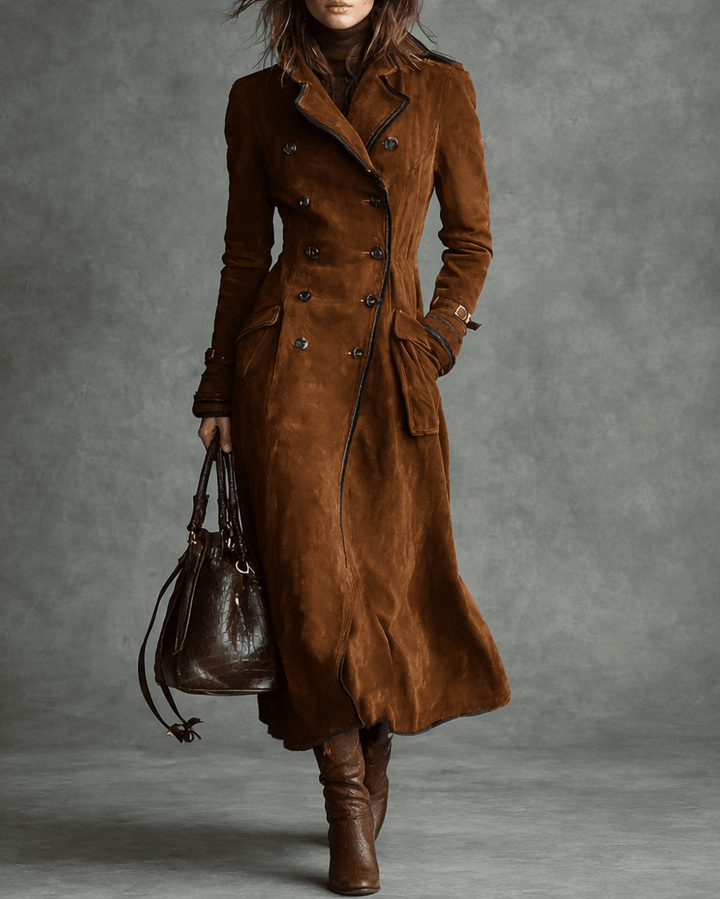 Cappotto lungo donna elegante color caramello effetto suede