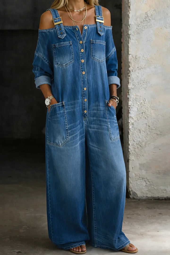 Top donna in denim off shoulder elegante e moderno