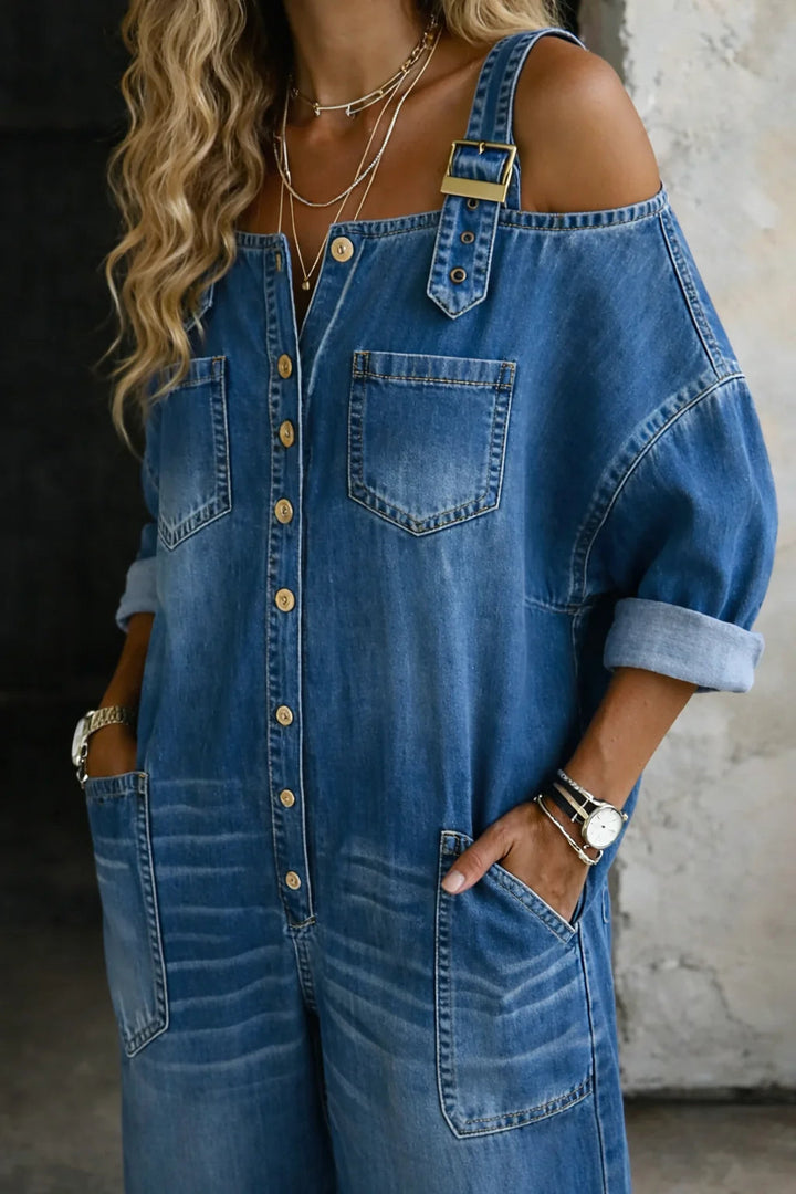 Top donna in denim off shoulder elegante e moderno