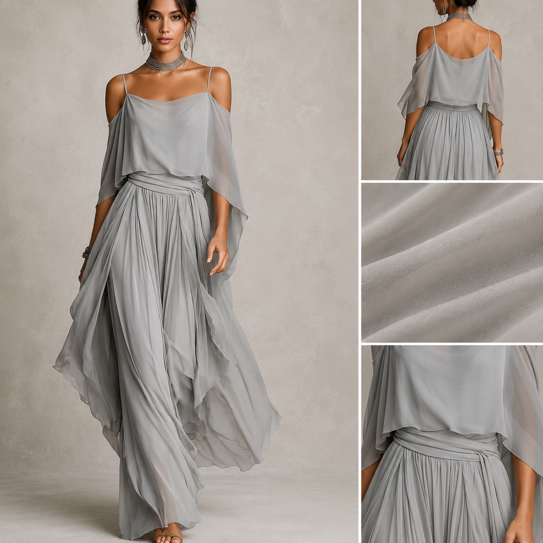 Completo donna elegante in chiffon con spalle scoperte