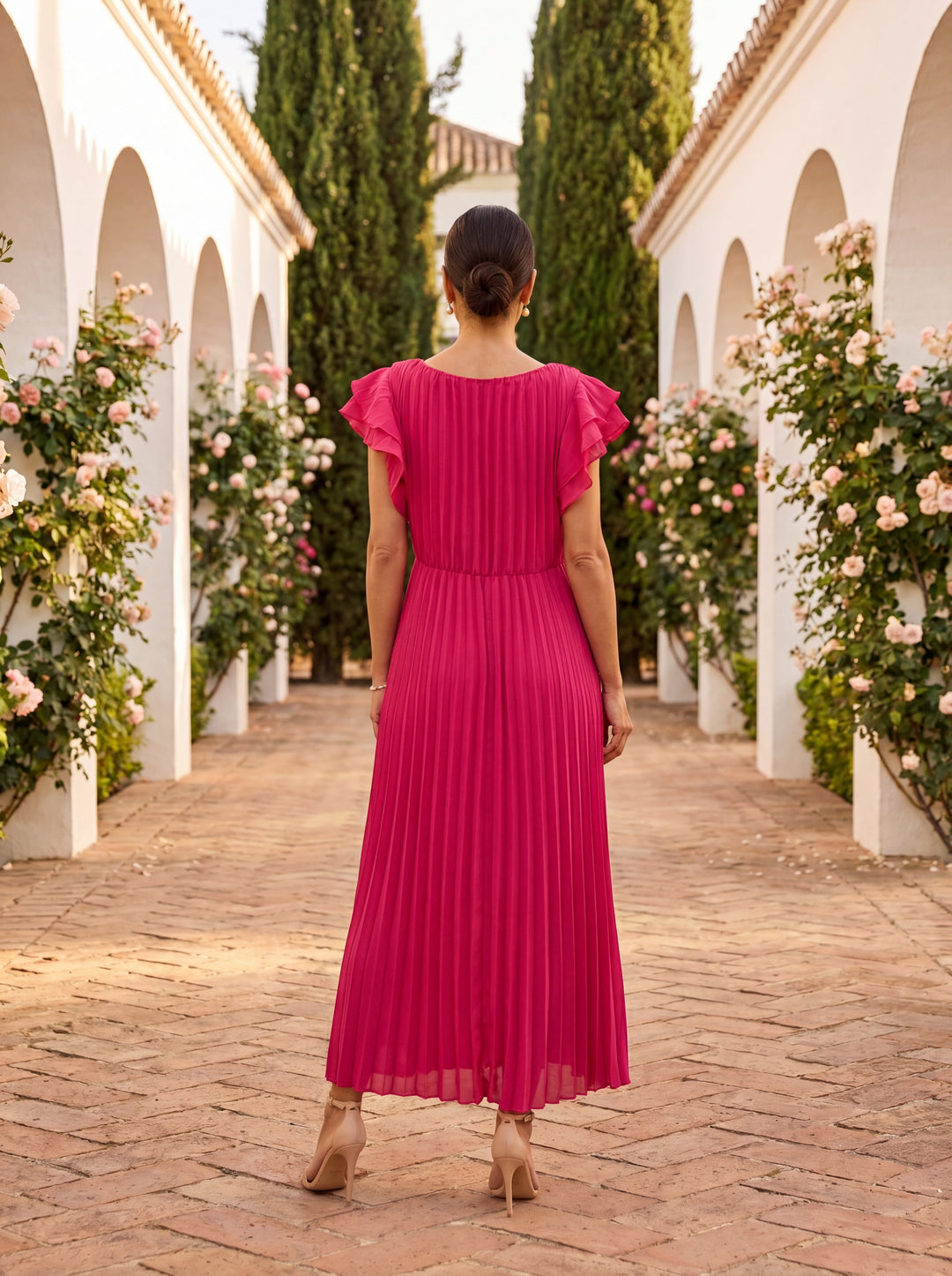 Abito maxi plissé elegante donna con vita drappeggiata