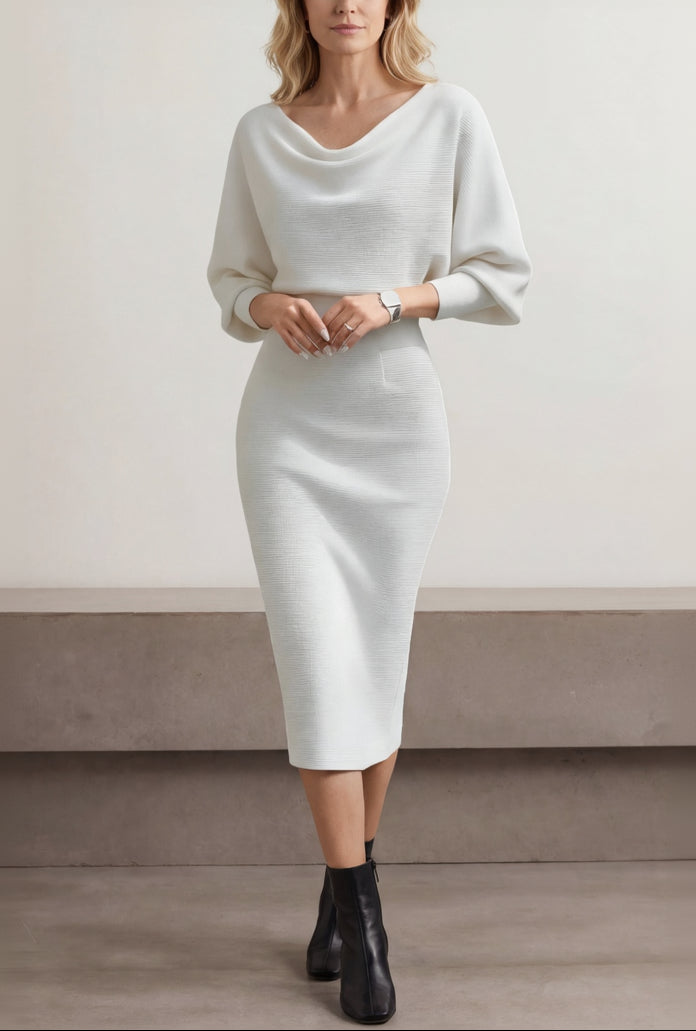 Abito midi elegante con scollo drappeggiato per donna