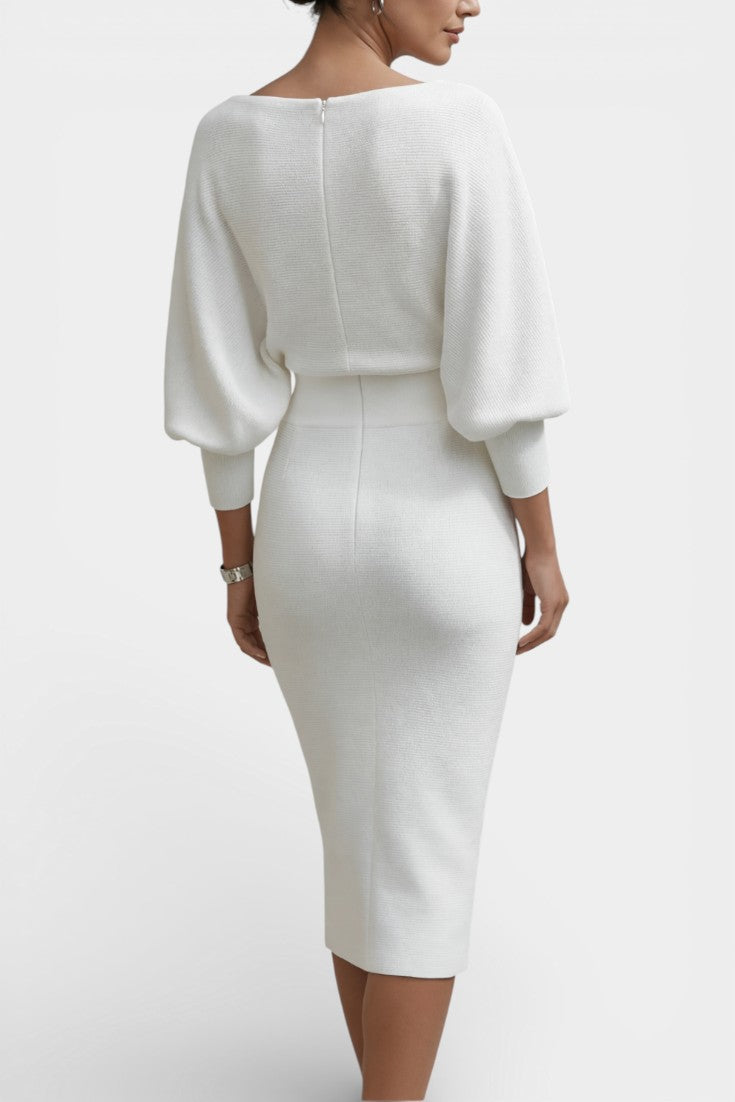 Abito midi elegante con scollo drappeggiato per donna