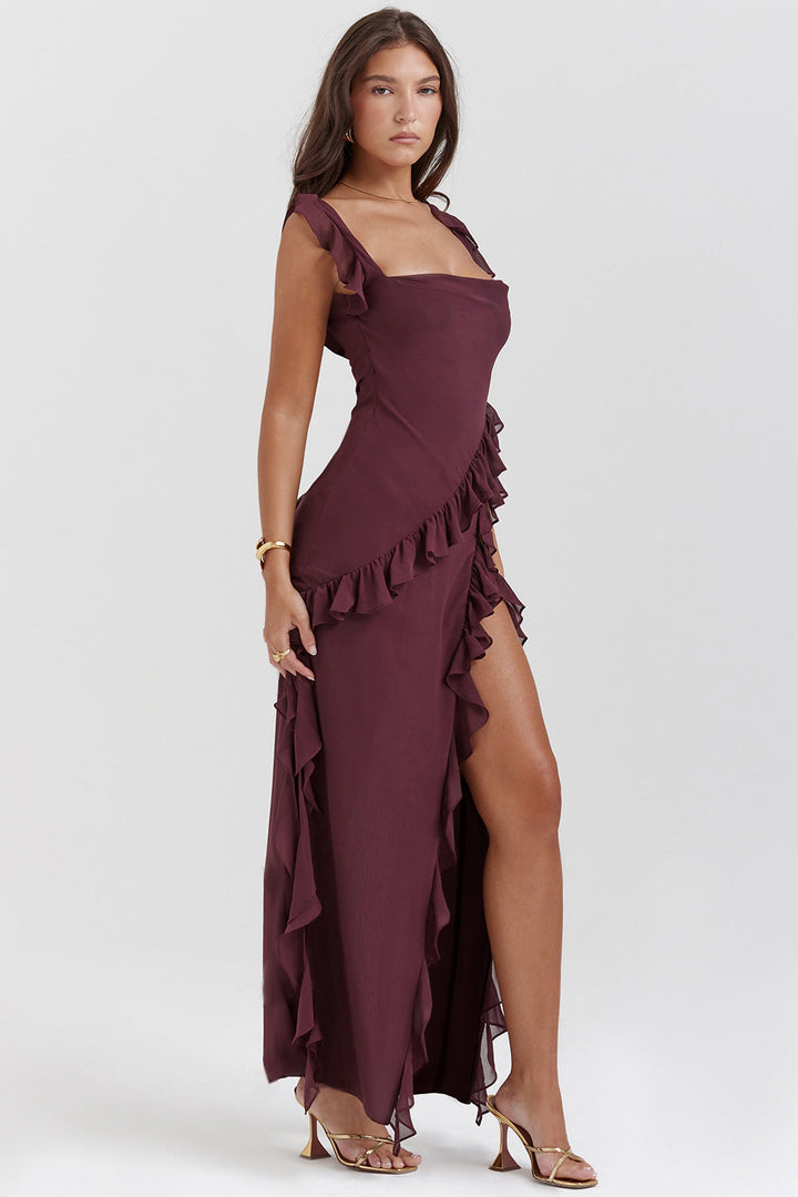 Abito lungo estivo marrone donna con spalline sottili elegante