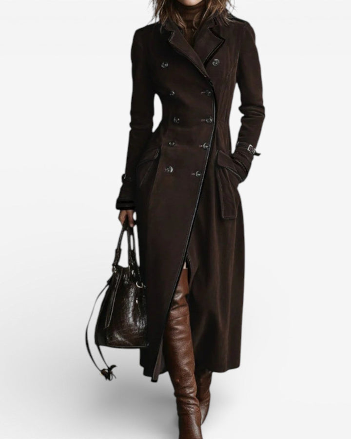 Cappotto lungo donna elegante color caramello effetto suede