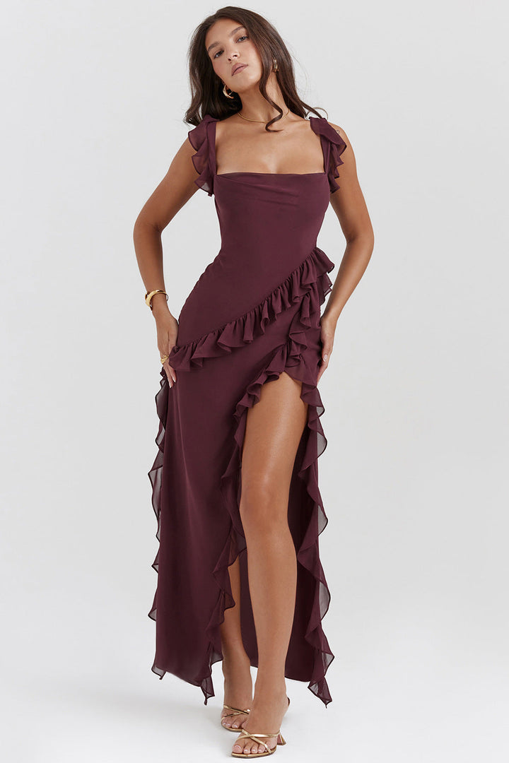 Abito lungo estivo marrone donna con spalline sottili elegante