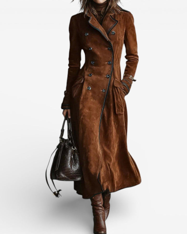 Cappotto lungo donna elegante color caramello effetto suede