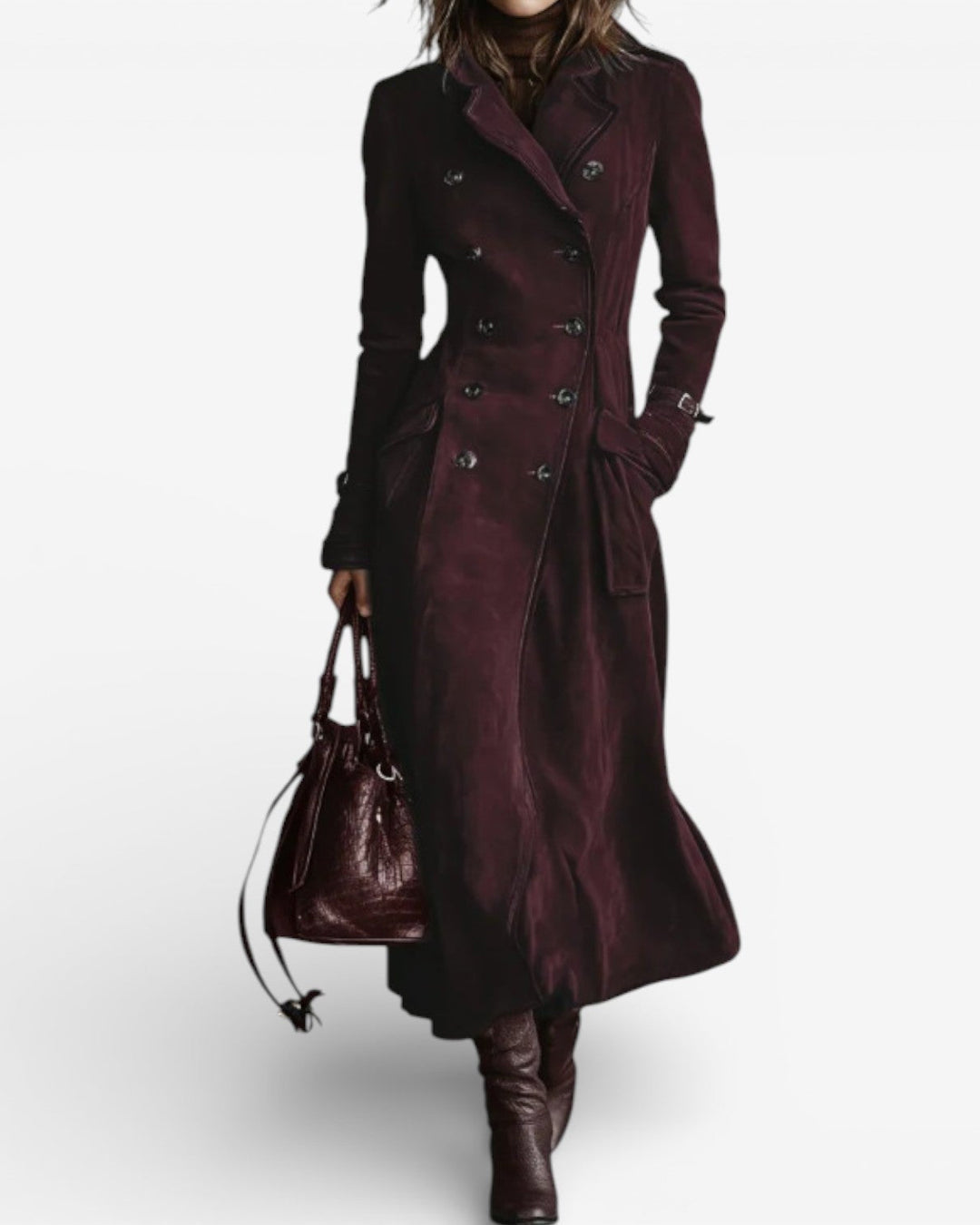 Cappotto lungo donna elegante color caramello effetto suede