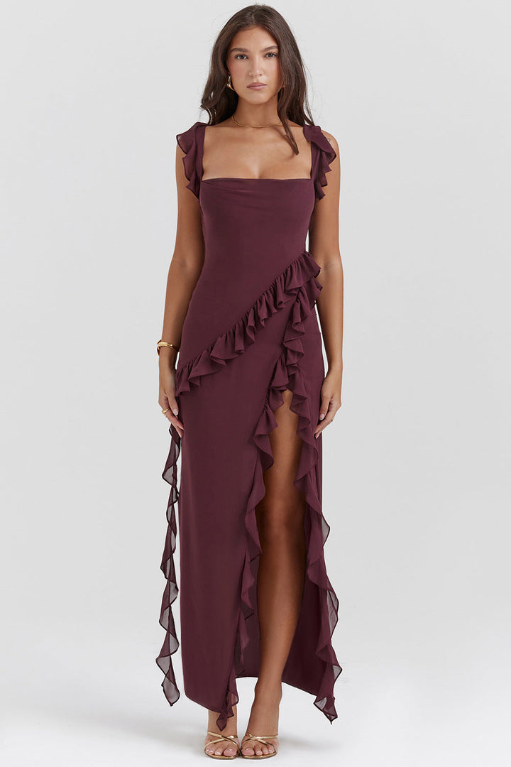 Abito lungo estivo marrone donna con spalline sottili elegante