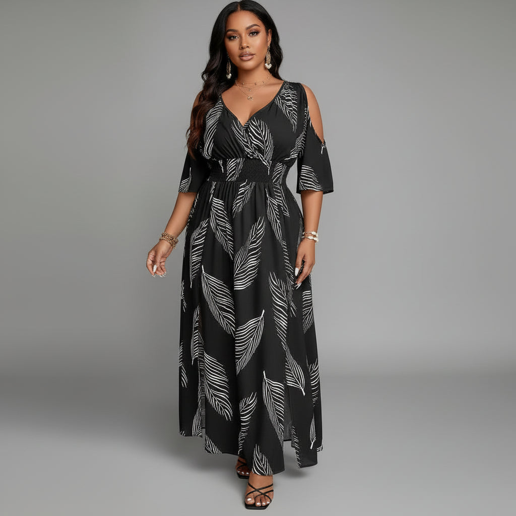 Abito lungo boho fluido e confortevole con spacco per donna