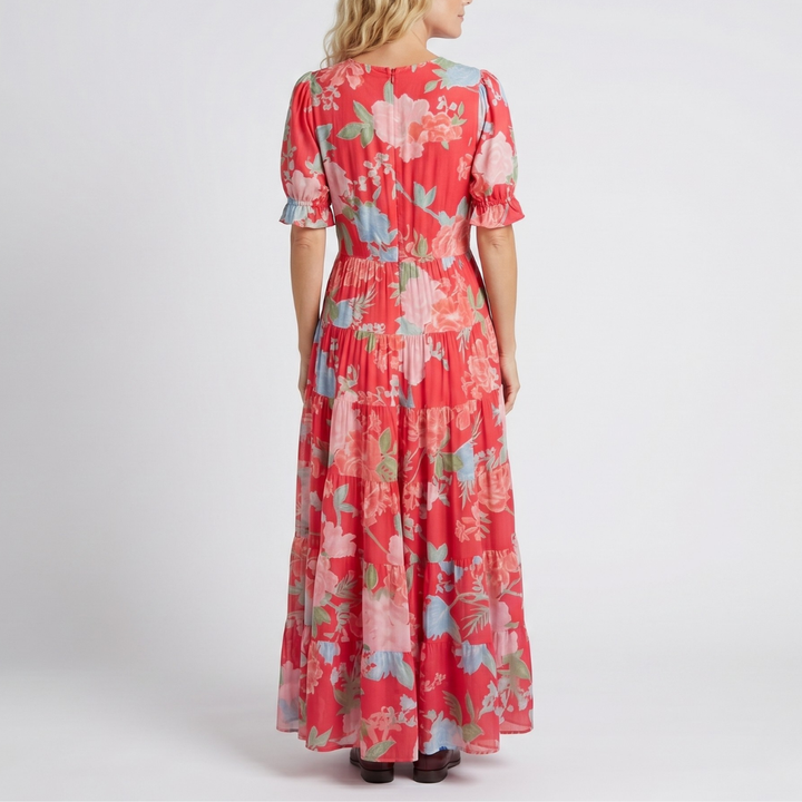 Abito floreale elegante con scollo a V fluido per donna