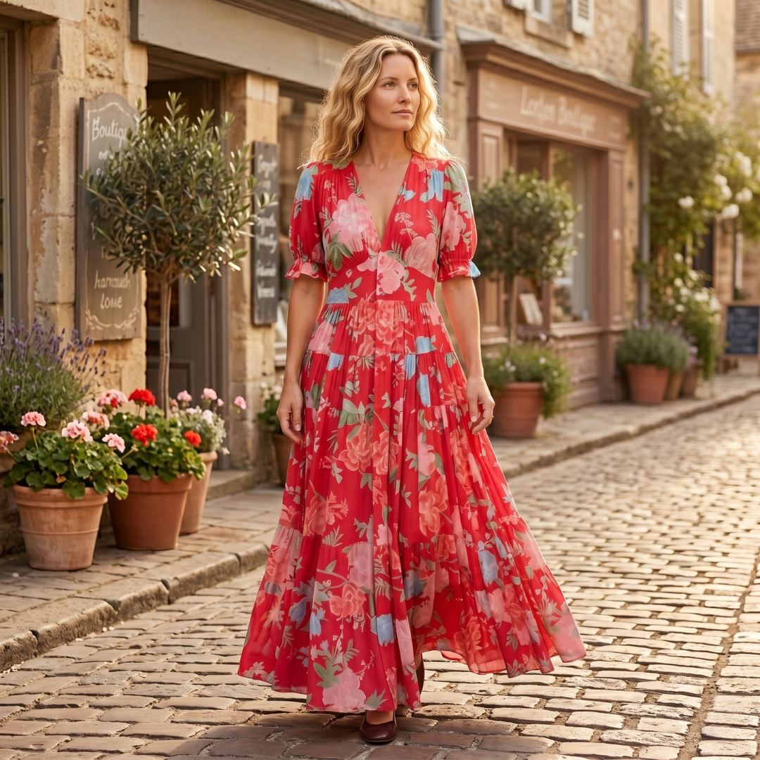 Abito floreale elegante con scollo a V fluido per donna