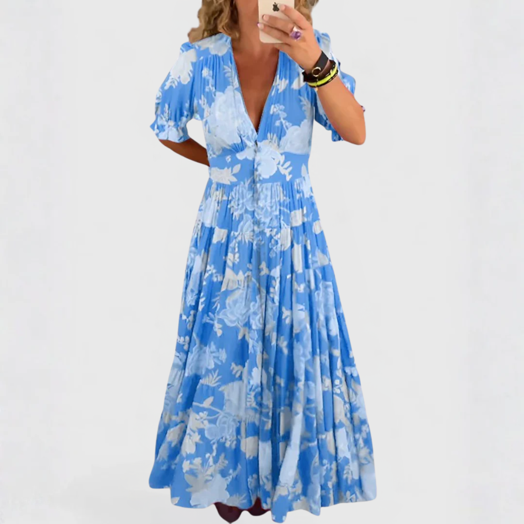 Abito floreale elegante con scollo a V fluido per donna