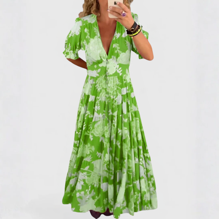 Abito floreale elegante con scollo a V fluido per donna