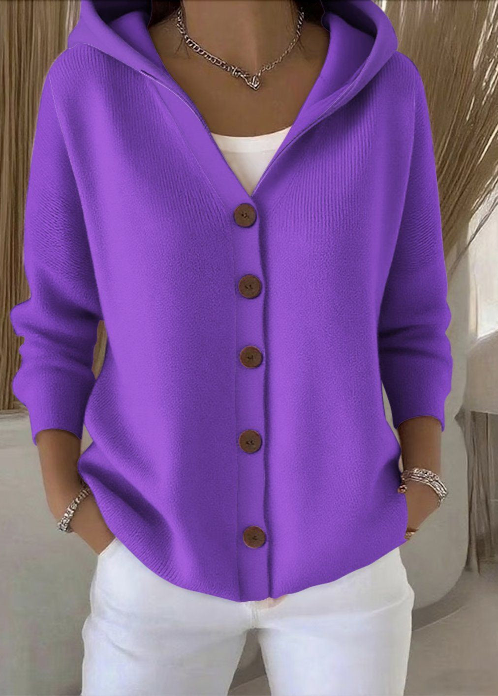 Cardigan donna morbido con cappuccio elegante casual