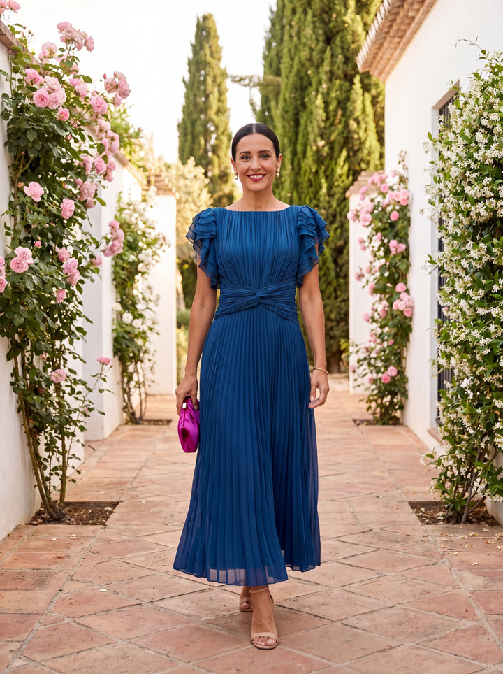 Abito maxi plissé elegante donna con vita drappeggiata
