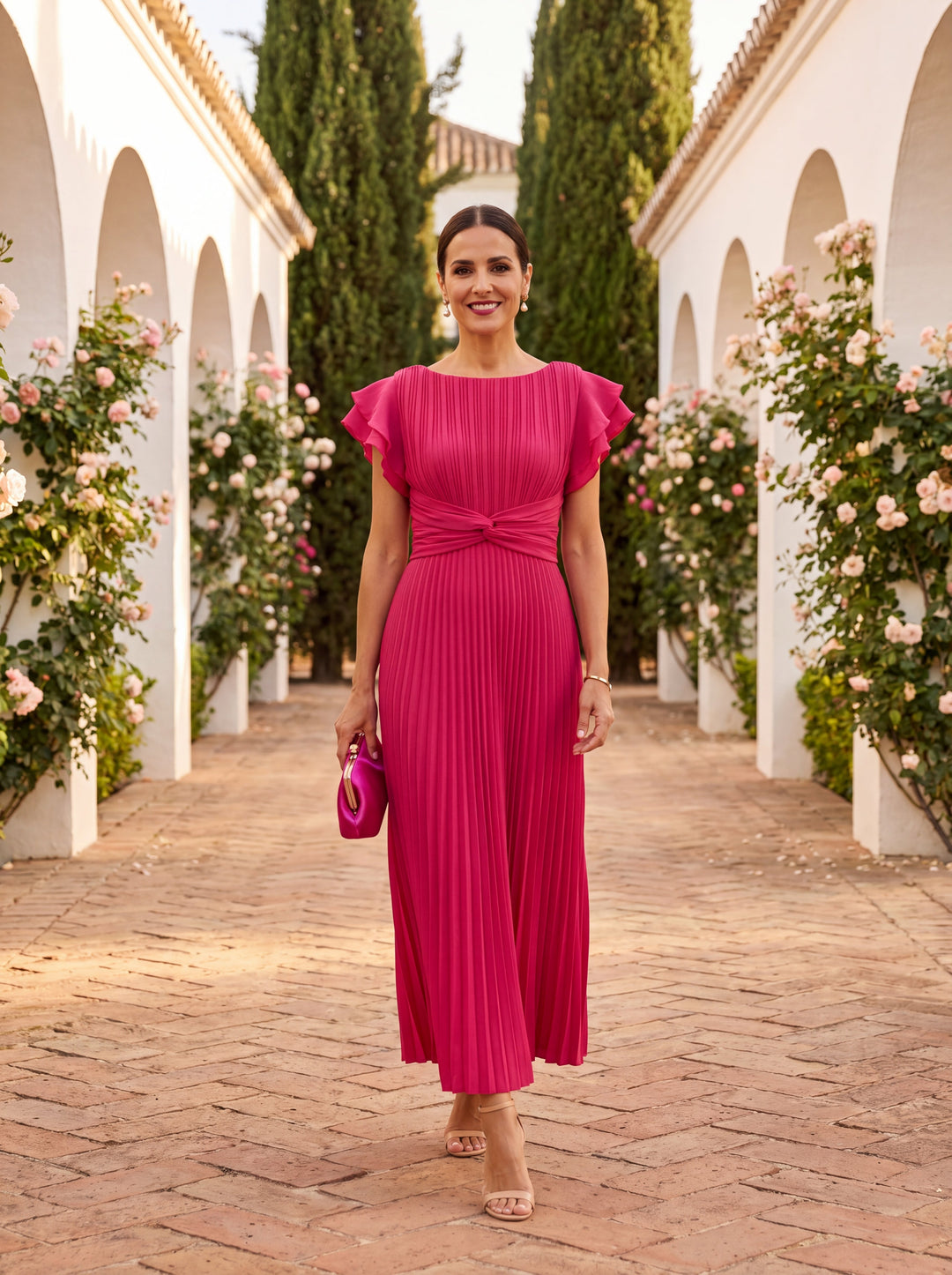 Abito maxi plissé elegante donna con vita drappeggiata
