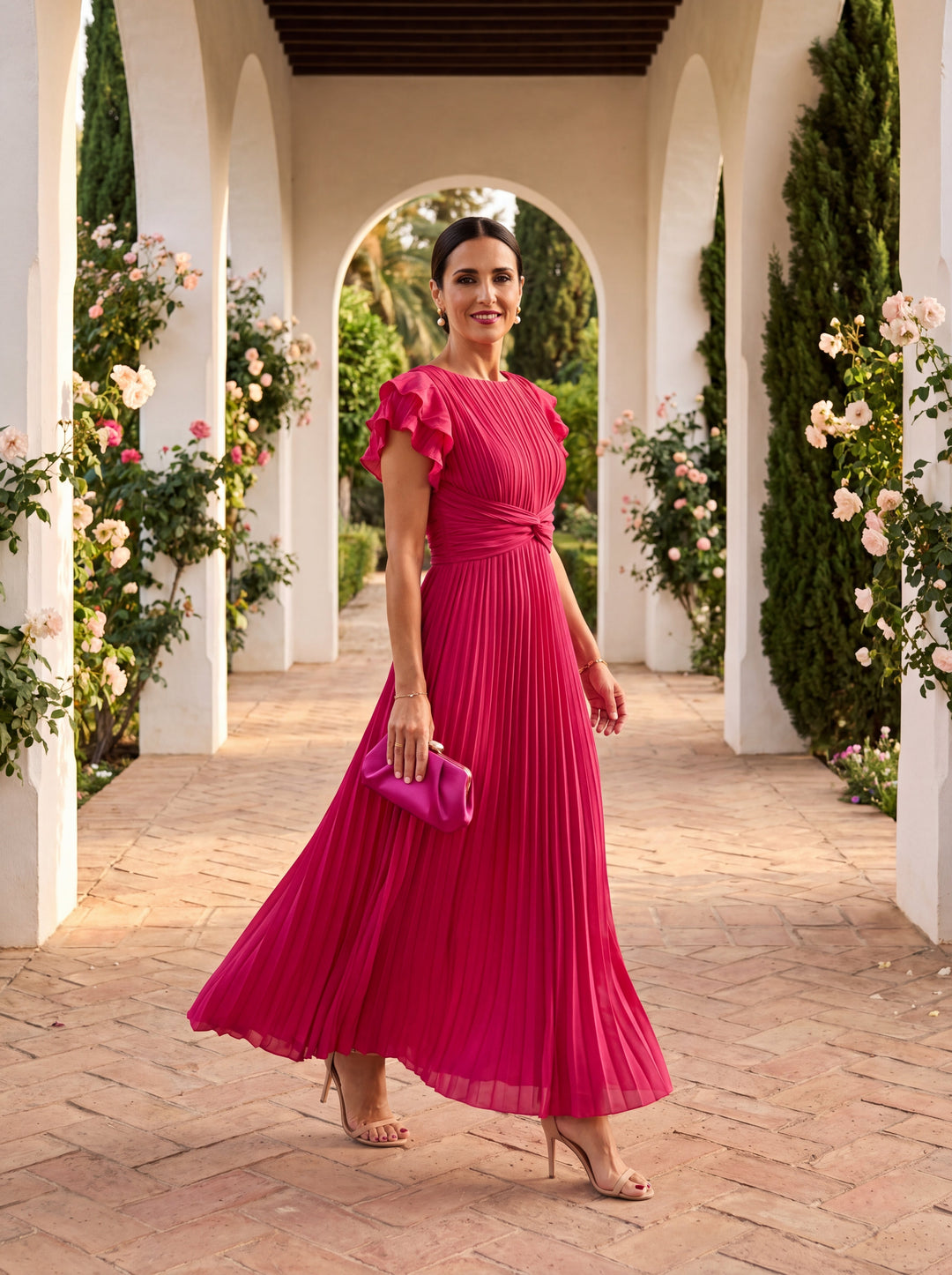 Abito maxi plissé elegante donna con vita drappeggiata