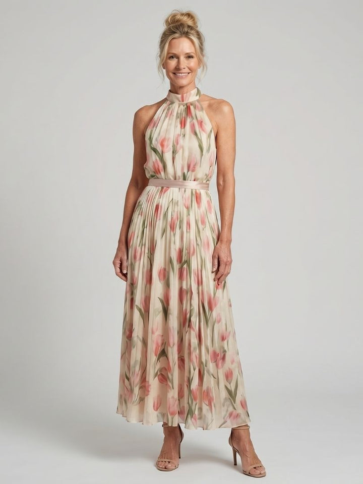 Abito midi floreale donna con collo halter elegante