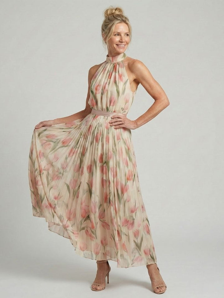 Abito midi floreale donna con collo halter elegante