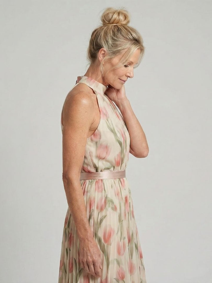 Abito midi floreale donna con collo halter elegante