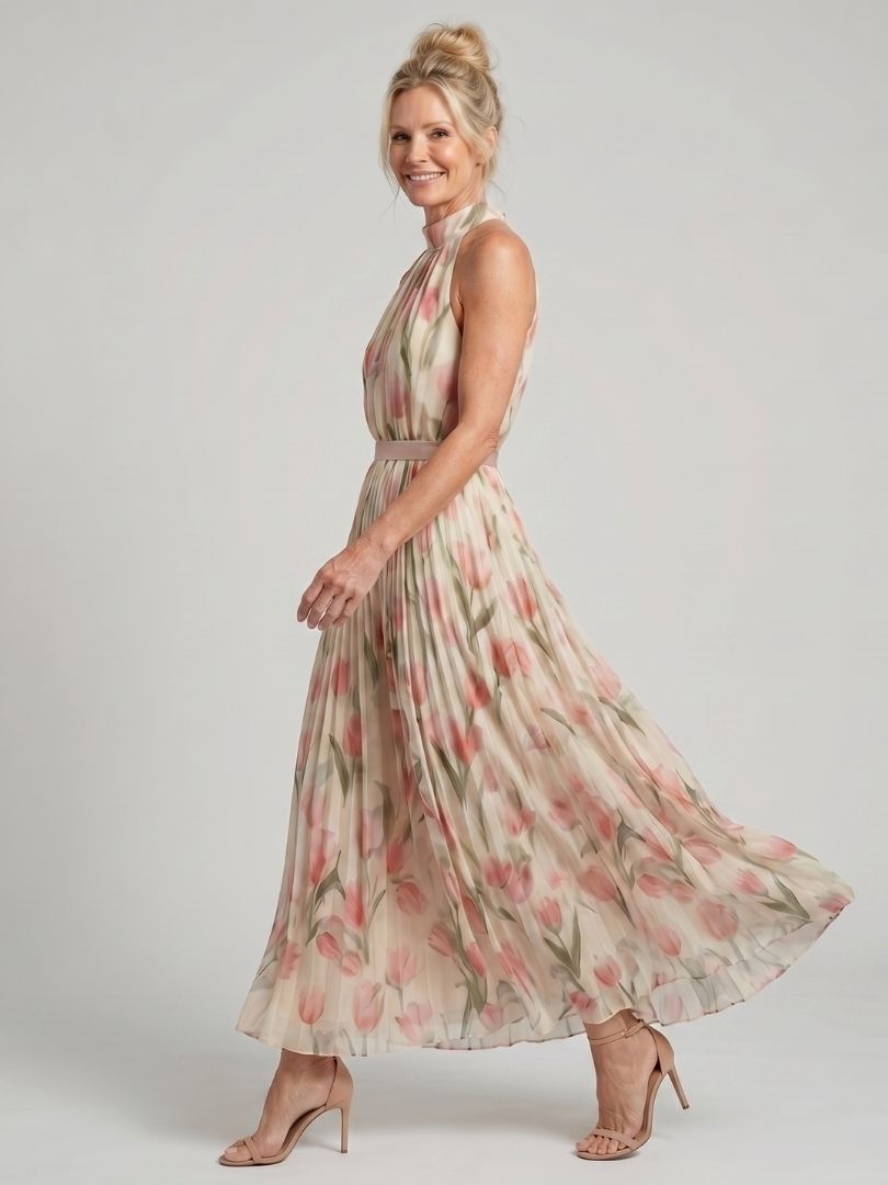 Abito midi floreale donna con collo halter elegante