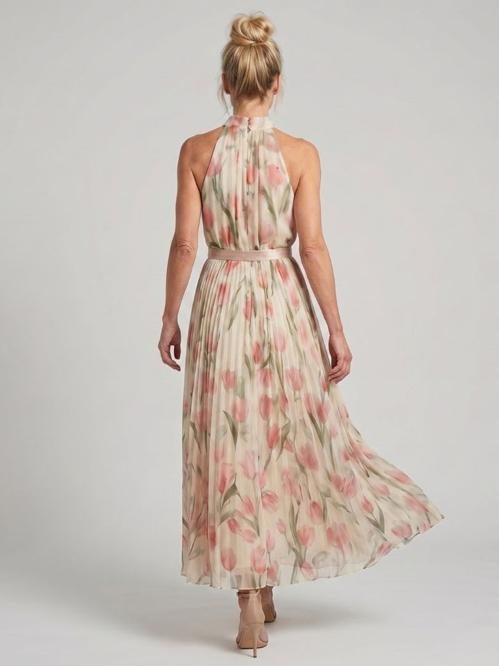 Abito midi floreale donna con collo halter elegante