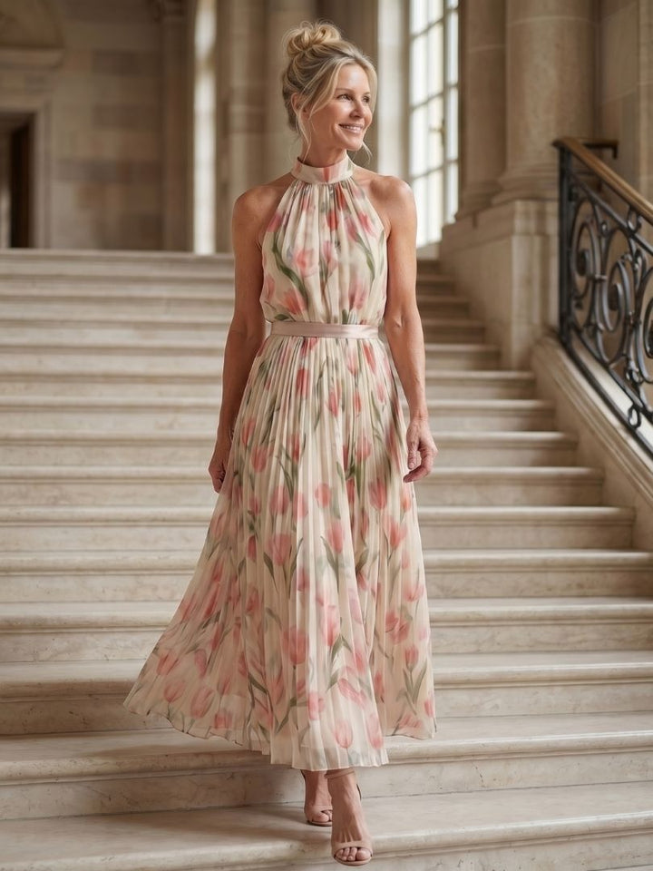 Abito midi floreale donna con collo halter elegante