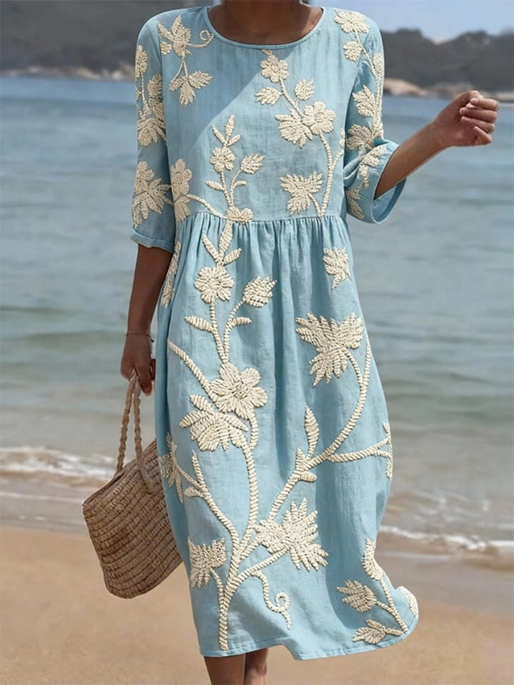 Abito midi vintage ricamato elegante e leggero per donna