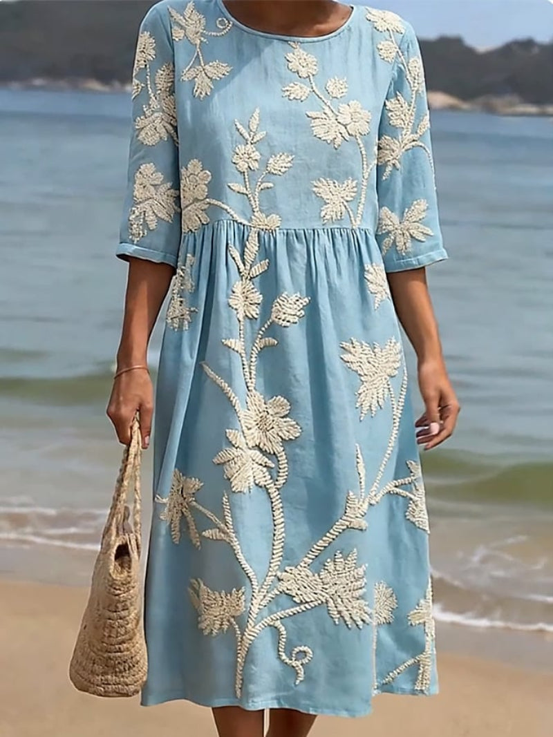 Abito midi vintage ricamato elegante e leggero per donna