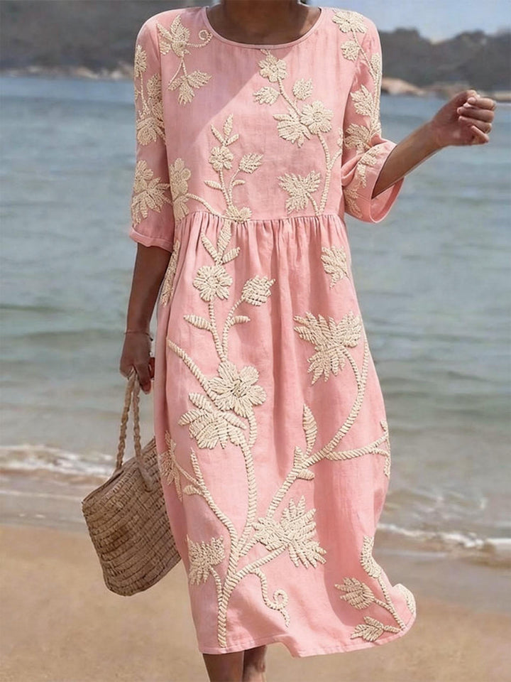 Abito midi vintage ricamato elegante e leggero per donna