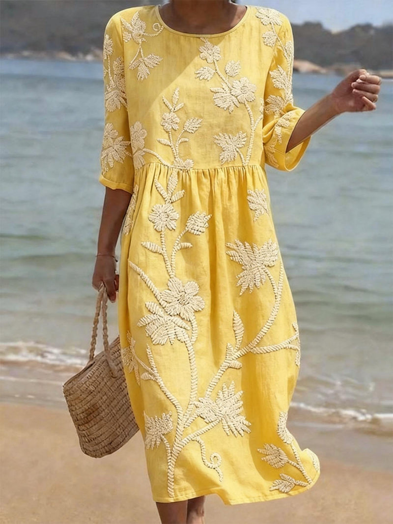 Abito midi vintage ricamato elegante e leggero per donna